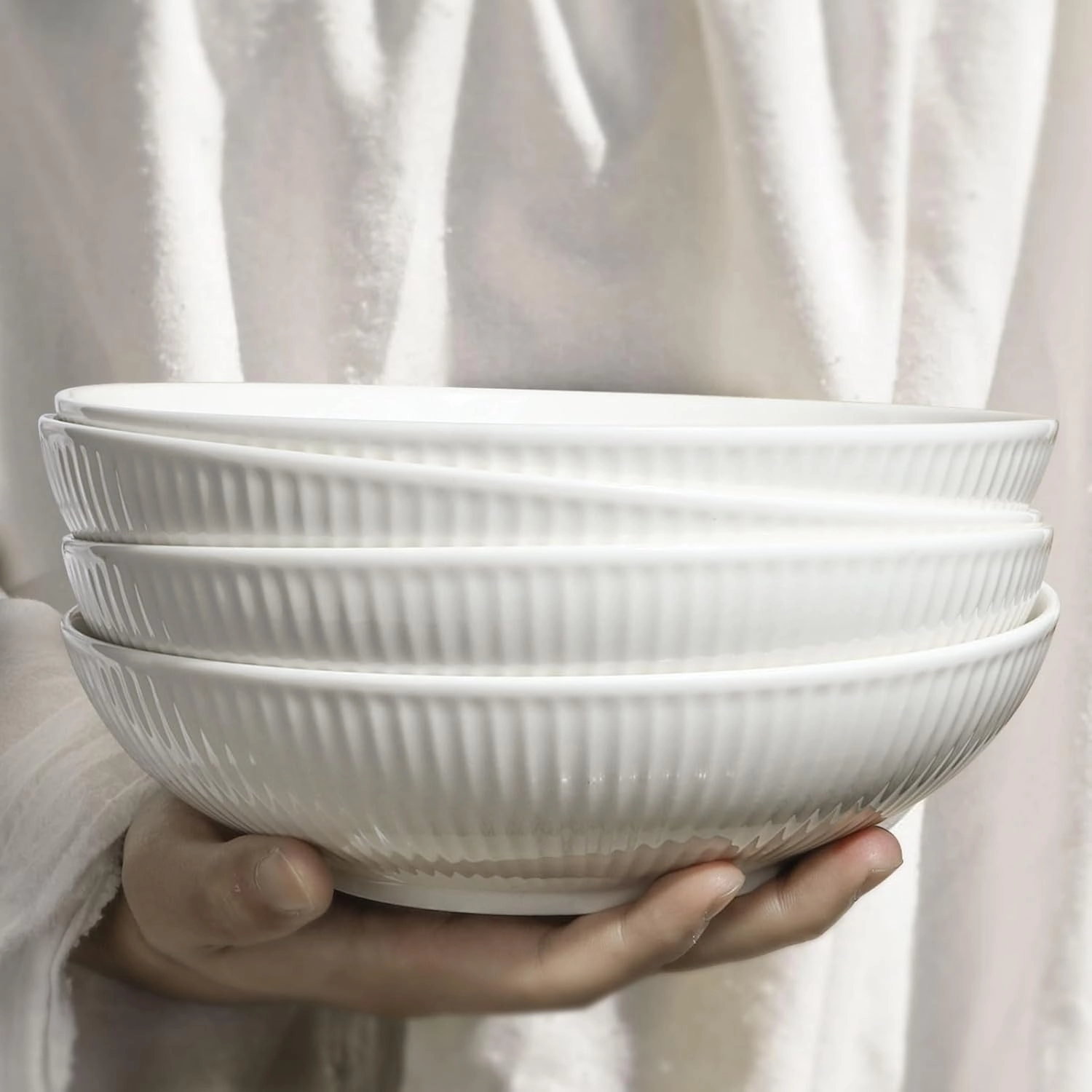 Artena Pasta Bowls 32oz, Ceramic Large Salad Bowls 8 inch, Striped Soup Bowls Set of 4, White Serving Bowls for Entertaining, Wide Shallow Dinner Bowls for Spaghetti, Microwave Dishwasher Oven Safe