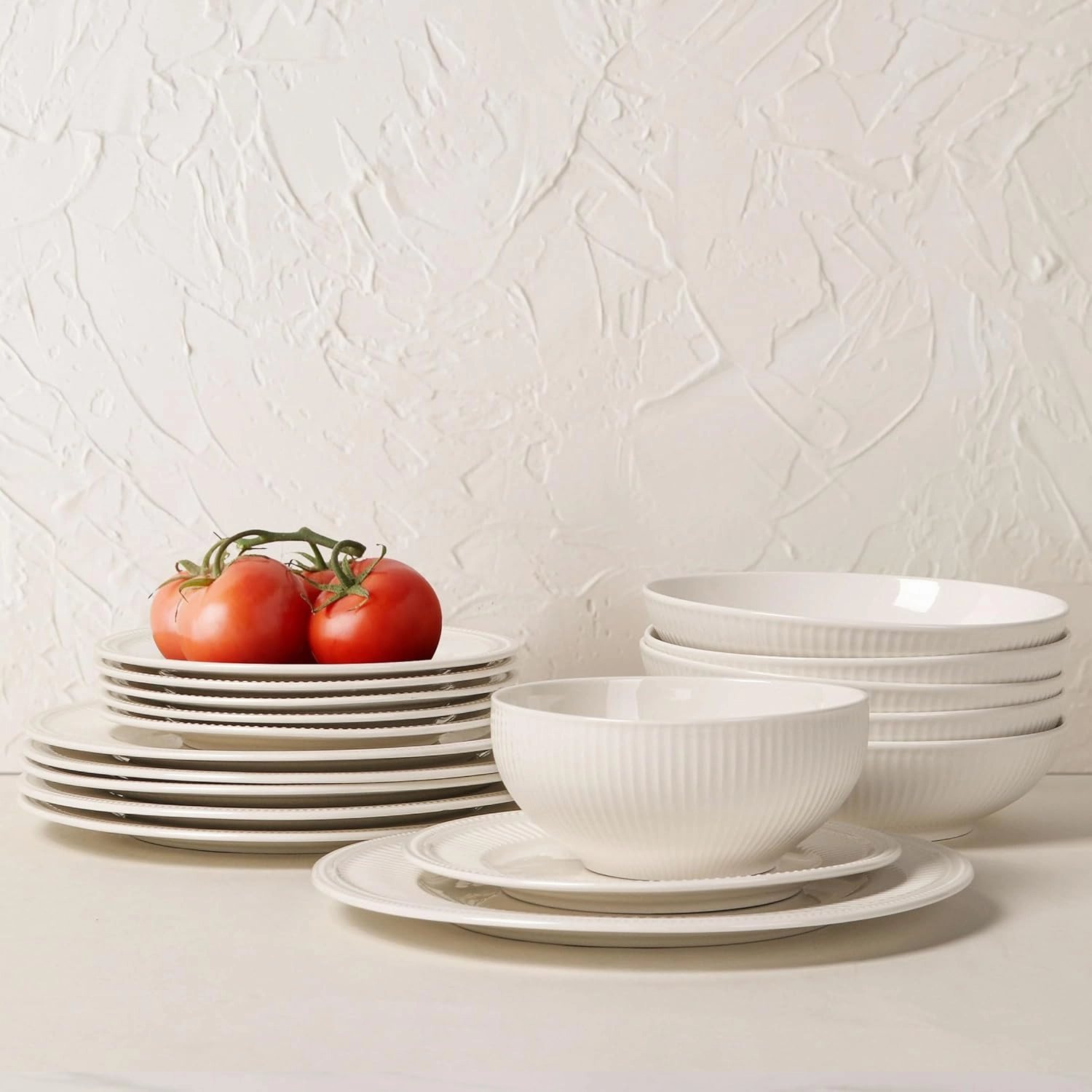 Artena Pasta Bowls 32oz, Ceramic Large Salad Bowls 8 inch, Striped Soup Bowls Set of 4, White Serving Bowls for Entertaining, Wide Shallow Dinner Bowls for Spaghetti, Microwave Dishwasher Oven Safe