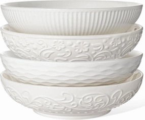 Artena Pasta Bowls 32oz, Ceramic Large Salad Bowls 8 inch, White Embossed Soup Bowl Set of 4 for Entertaining, Serving, Dinner, Wide Shallow Microwave Dishwasher Oven Safe (Mixed Pattern)