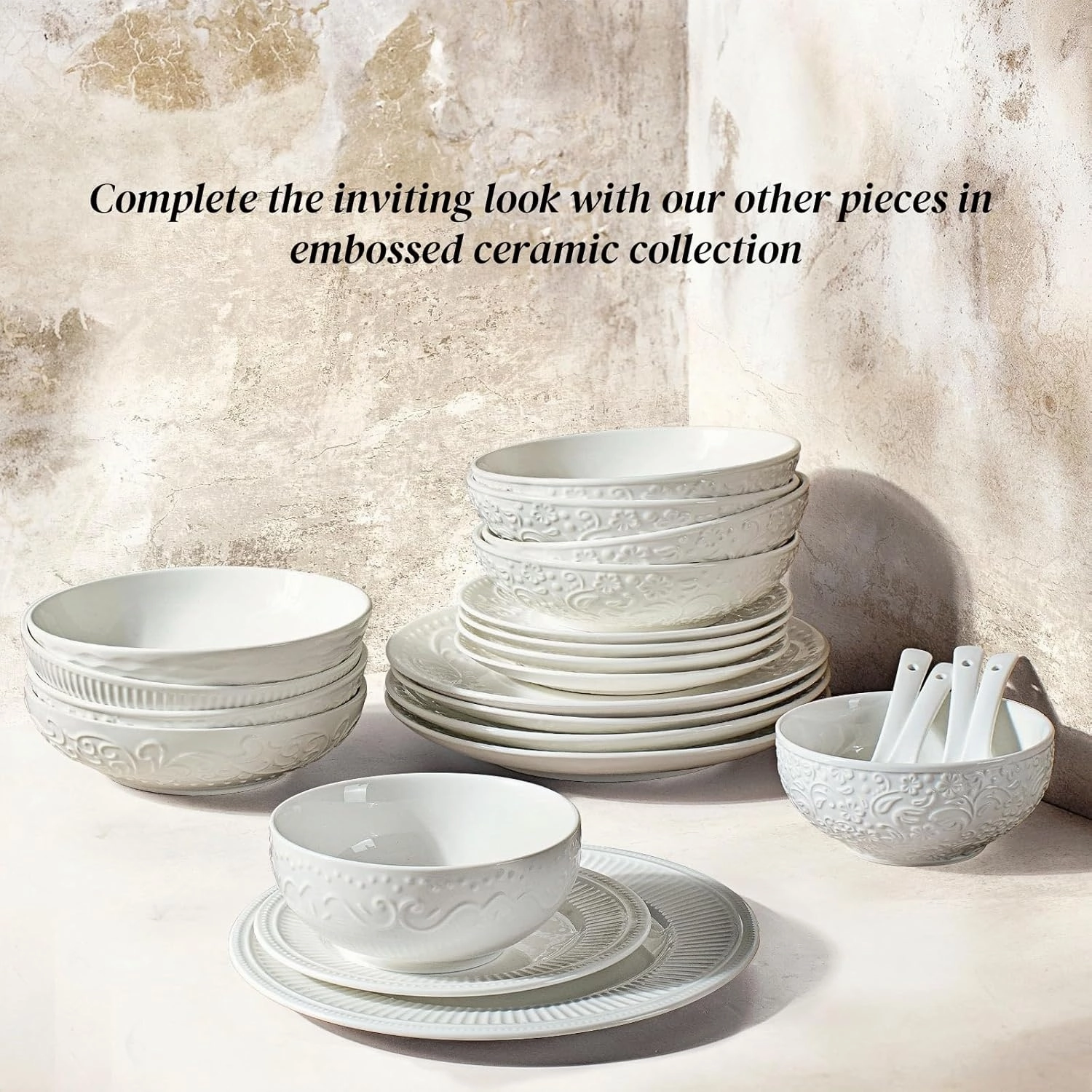 Artena Pasta Bowls 32oz, Ceramic Large Salad Bowls 8 inch, White Embossed Soup Bowl Set of 4 for Entertaining, Serving, Dinner, Wide Shallow Microwave Dishwasher Oven Safe (Mixed Pattern)