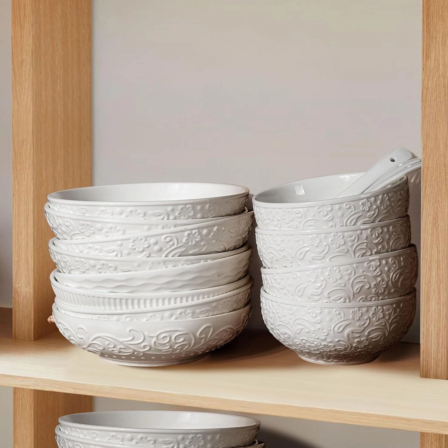 Artena Pasta Bowls 32oz, Ceramic Large Salad Bowls 8 inch, White Embossed Soup Bowl Set of 4 for Entertaining, Serving, Dinner, Wide Shallow Microwave Dishwasher Oven Safe (Mixed Pattern)