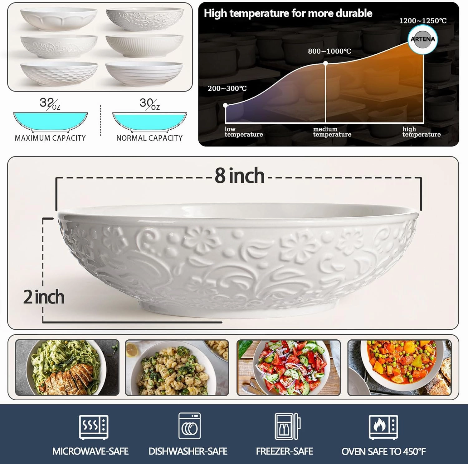 Artena Pasta Bowls 32oz, Ceramic Large Salad Bowls 8 inch, White Embossed Soup Bowl Set of 4 for Entertaining, Serving, Dinner, Wide Shallow Microwave Dishwasher Oven Safe (Mixed Pattern)