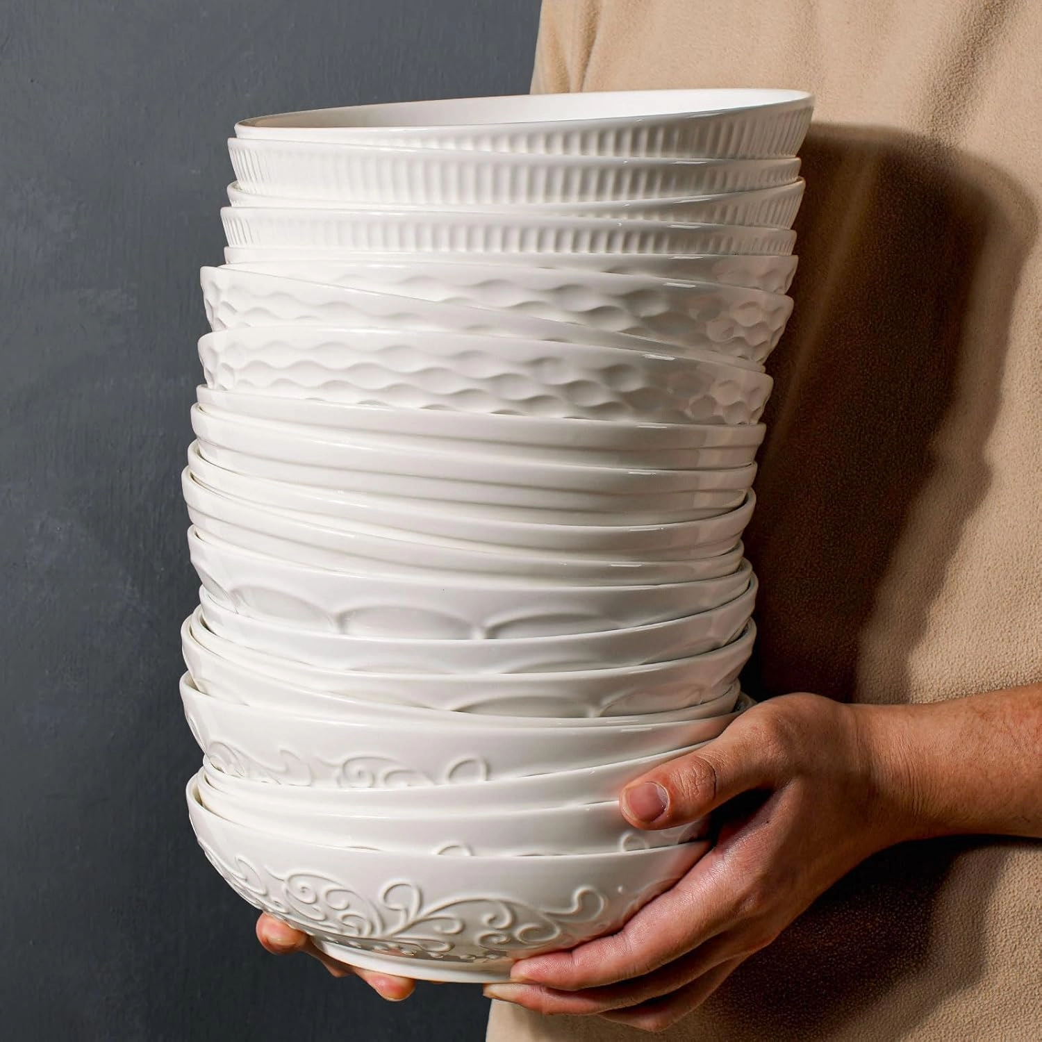 Artena Pasta Bowls 32oz, Ceramic Large Salad Bowls 8 inch, White Embossed Soup Bowl Set of 4 for Serving, Entertaining, Dinner Spaghetti, Wide Shallow, Microwave Dishwasher Oven Safe
