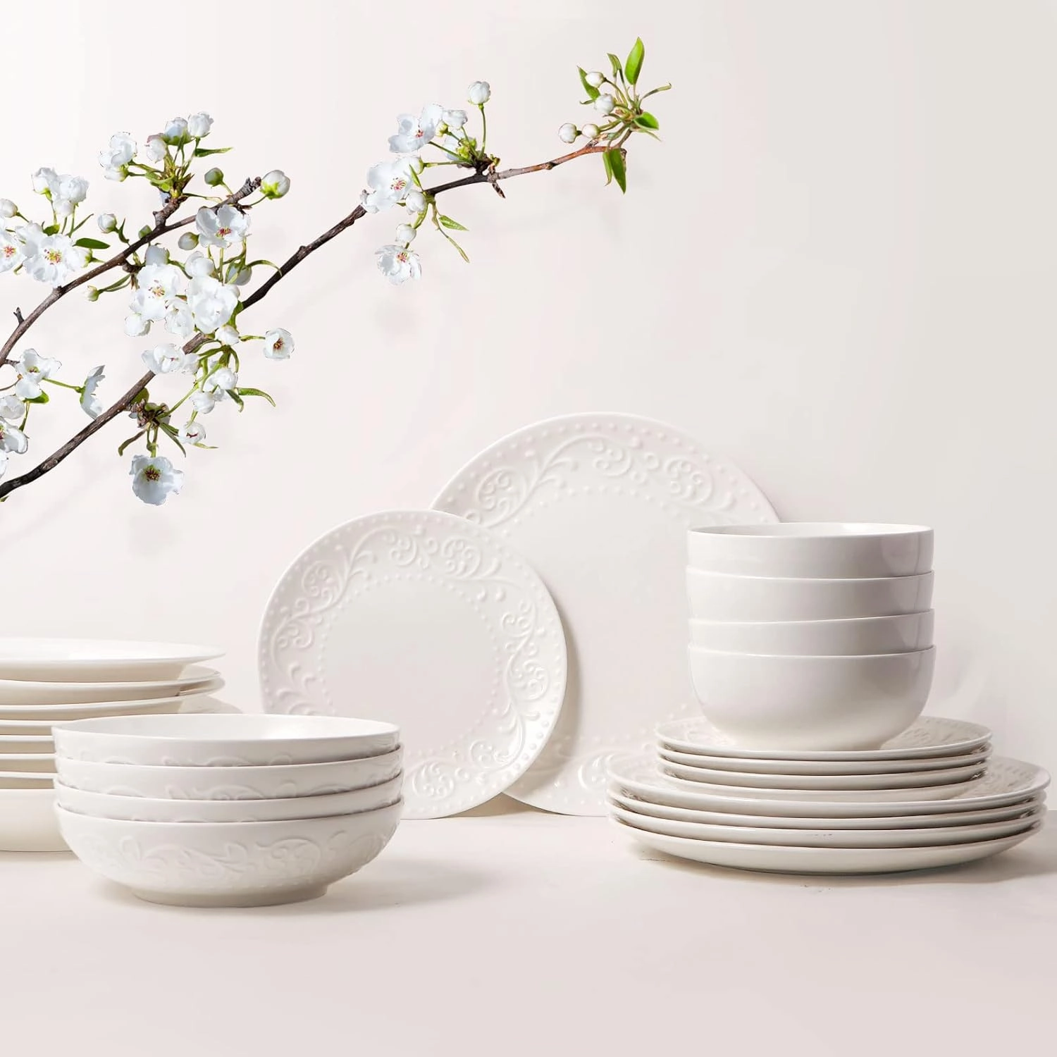 Artena Pasta Bowls 32oz, Ceramic Large Salad Bowls 8 inch, White Embossed Soup Bowl Set of 4 for Serving, Entertaining, Dinner Spaghetti, Wide Shallow, Microwave Dishwasher Oven Safe