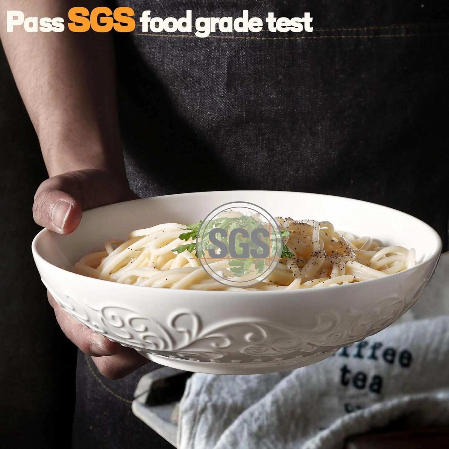 Artena Pasta Bowls 32oz, Ceramic Large Salad Bowls 8 inch, White Embossed Soup Bowl Set of 4 for Serving, Entertaining, Dinner Spaghetti, Wide Shallow, Microwave Dishwasher Oven Safe