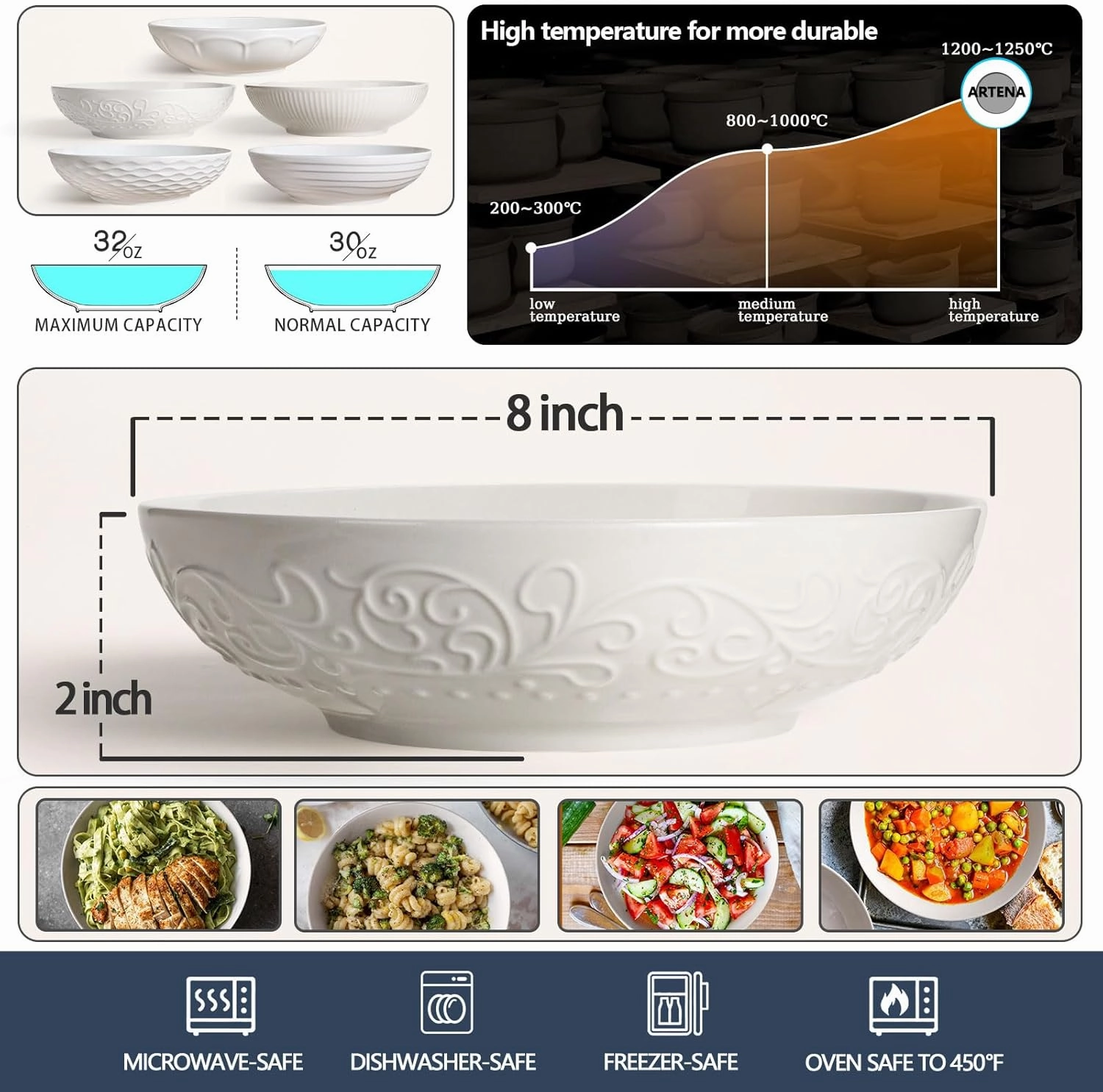 Artena Pasta Bowls 32oz, Ceramic Large Salad Bowls 8 inch, White Embossed Soup Bowl Set of 4 for Serving, Entertaining, Dinner Spaghetti, Wide Shallow, Microwave Dishwasher Oven Safe