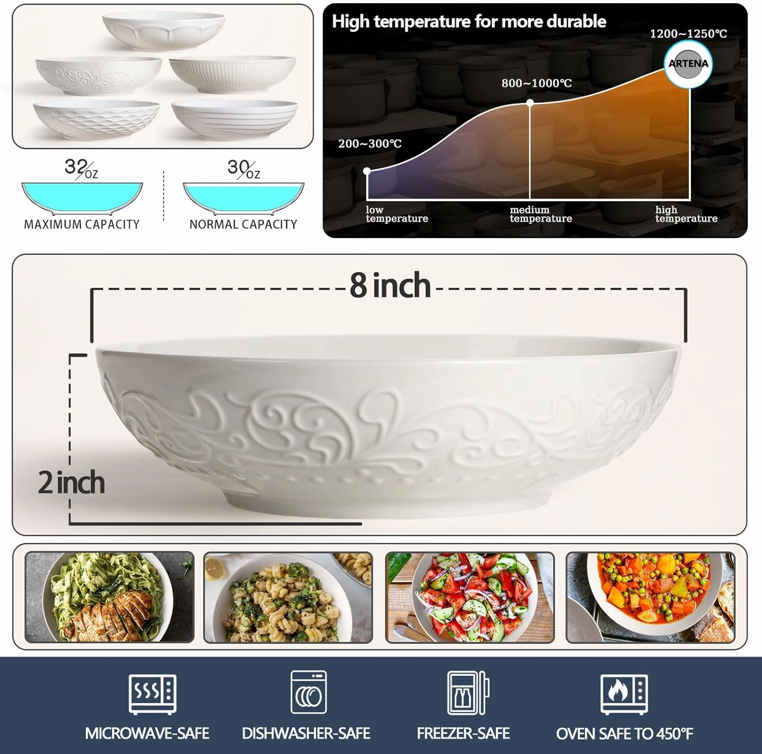 Artena Pasta Bowls 32oz, Ceramic Large Salad Bowls 8 inch, White Embossed Soup Bowl Set of 4 for Serving, Entertaining, Dinner Spaghetti, Wide Shallow, Microwave Dishwasher Oven Safe