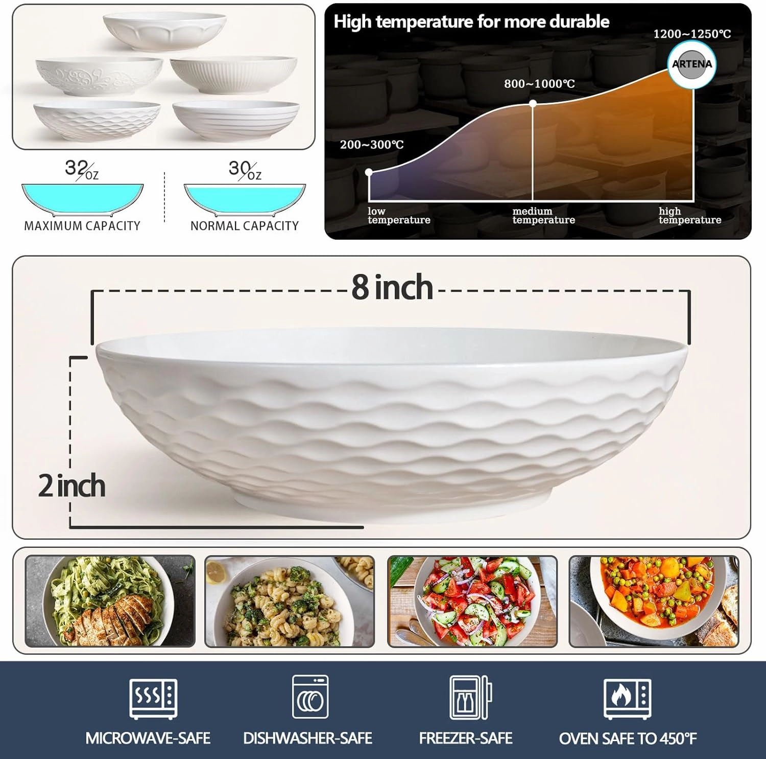 Artena Pasta Bowls 32oz, Ceramic Large Salad Bowls Set Serving Bowl of 4 for Soup, Entertaining, Pasta, Noodle, Dinner, Wide Shallow Microwave Dishwasher Safe, 8 inch, Embossed Wave