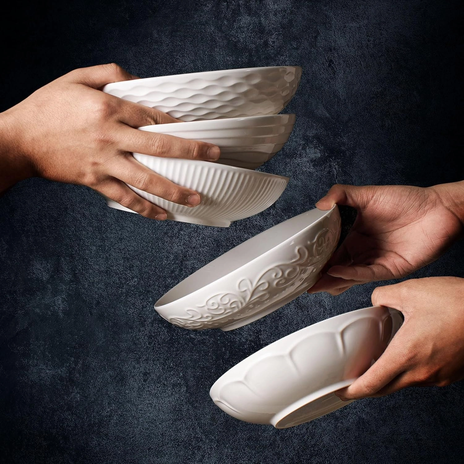 Artena Pasta Bowls 32oz, Ceramic Large Salad Bowls Set Serving Bowl of 4 for Soup, Entertaining, Pasta, Noodle, Dinner, Wide Shallow Microwave Dishwasher Safe, 8 inch, Embossed Wave