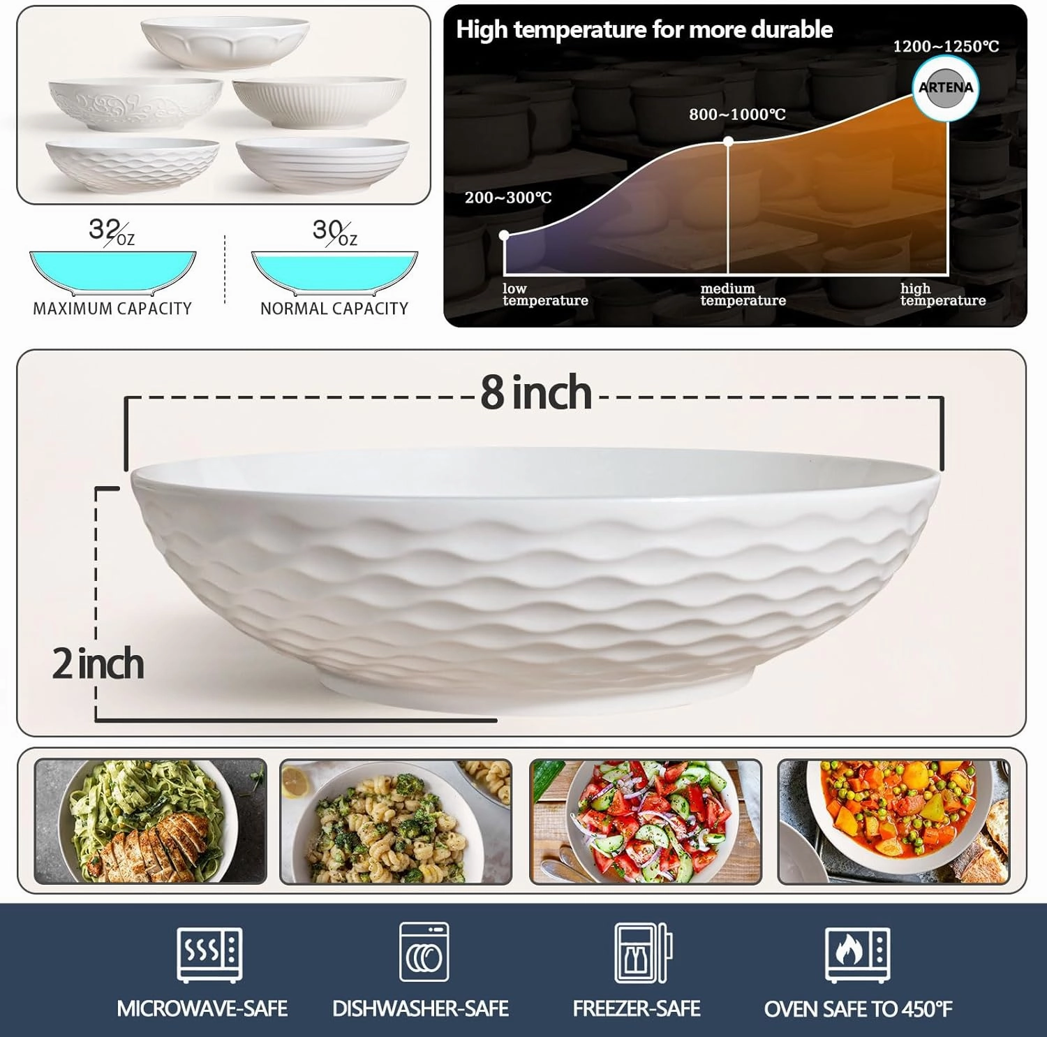 Artena Pasta Bowls 32oz, Ceramic Large Salad Bowls Set Serving Bowl of 4 for Soup, Entertaining, Pasta, Noodle, Dinner, Wide Shallow Microwave Dishwasher Safe, 8 inch, Embossed Wave