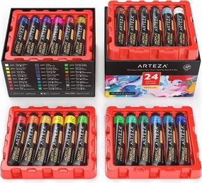 ARTEZA Acrylic Paint Set of 24 Tubes (0.74 oz, 22 ml) Non Toxic Acrylic Artist Paints, Heavy Body Acrylic Paint Art Supplies for Canvas Painting