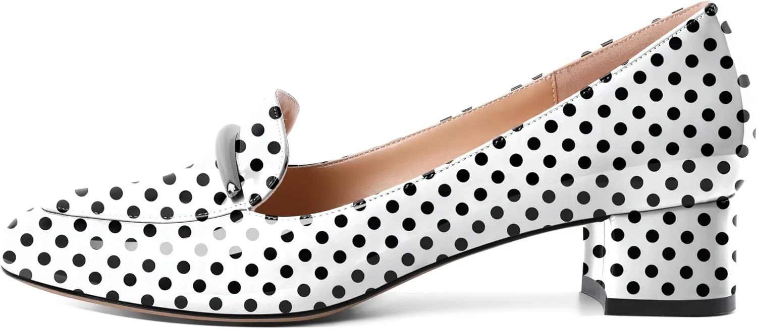 AUMOTED Women Low Block Chunky Heel Pumps Round Toe Slip On 1.5" Closed Toe Loafer Heels Chunky Office Dress Shoes