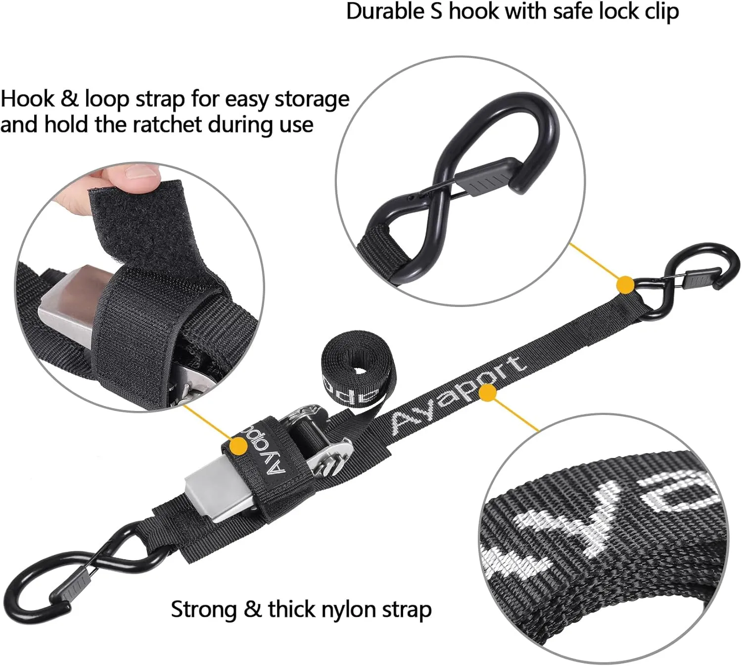 Ayaport Boat Tie Down Straps to Trailer (Stainless Steel Ratchet) 5 Feet, 2400lbs Break Strength Heavy Duty Ratchet Boat Straps, Boat Transom Straps Boat Trailer Accessories for Boating Safety, Black
