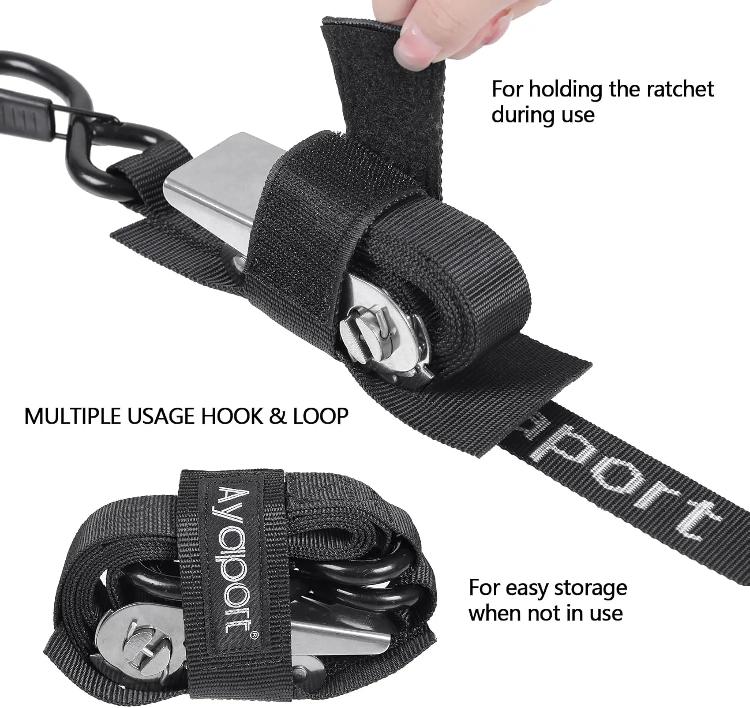 Ayaport Boat Tie Down Straps to Trailer (Stainless Steel Ratchet) 5 Feet, 2400lbs Break Strength Heavy Duty Ratchet Boat Straps, Boat Transom Straps Boat Trailer Accessories for Boating Safety, Black