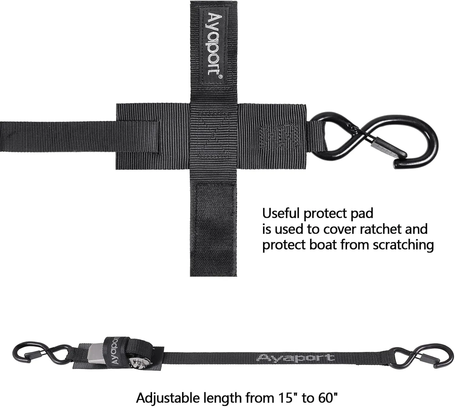 Ayaport Boat Tie Down Straps to Trailer (Stainless Steel Ratchet) 5 Feet, 2400lbs Break Strength Heavy Duty Ratchet Boat Straps, Boat Transom Straps Boat Trailer Accessories for Boating Safety, Black