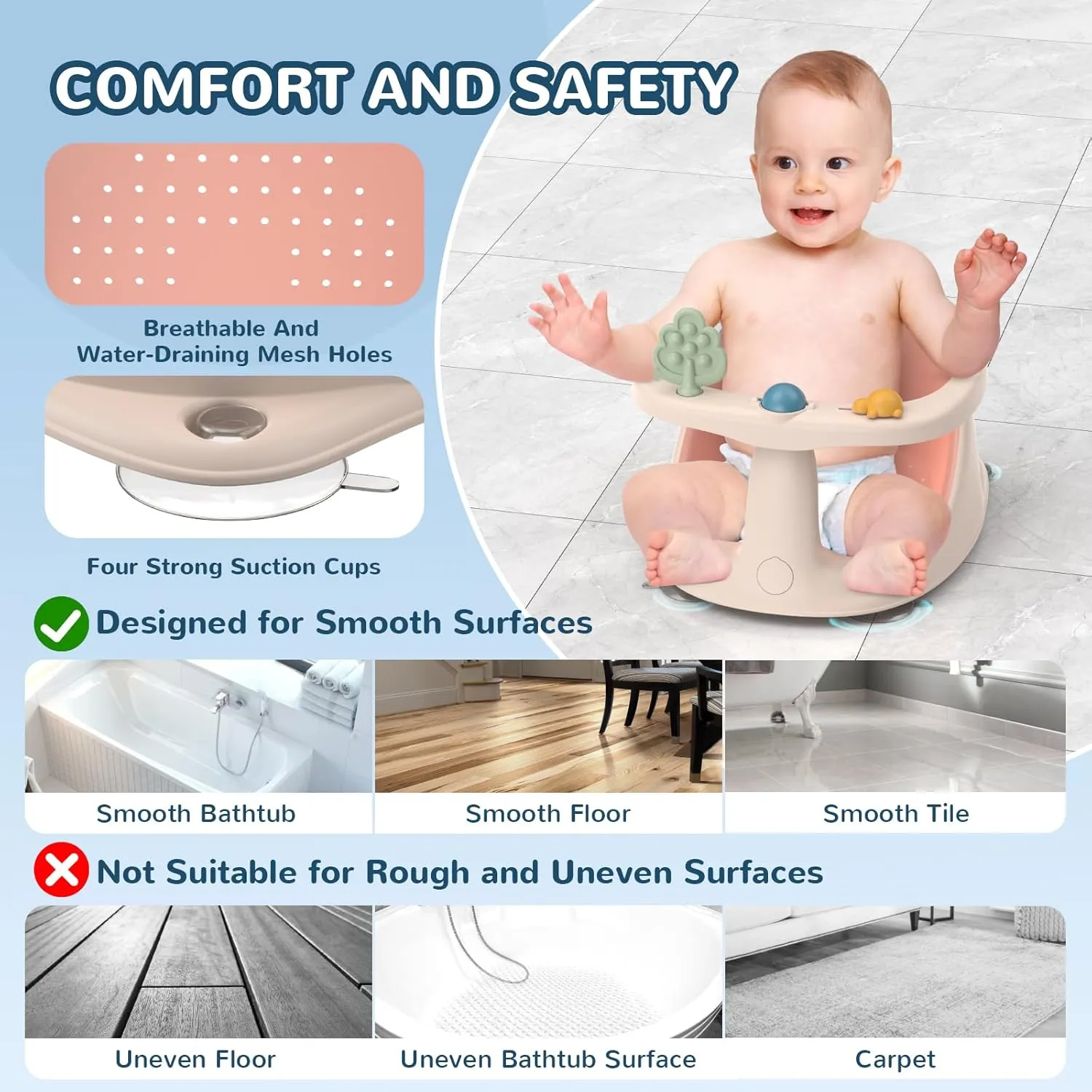 Baby Bath Seat: Infant Bath Seats for Babies Sitting Up - Toddler Bath Seat for Babies 6 Months & Up Baby Bathtub Seat with Non-Slip Suction Cups Baby Bath Tub Chair for Shower, Pink