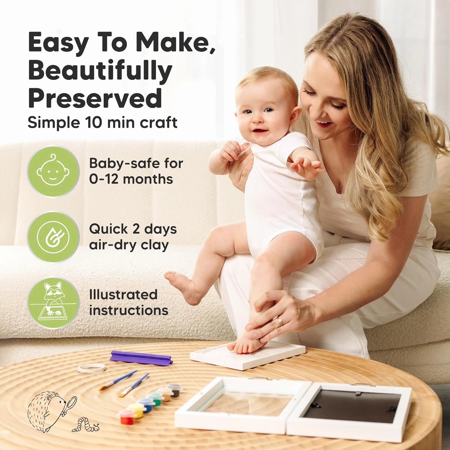 Baby Hand and Footprint Kit, Quick Dry Clay - Newborn Keepsake Feet and Handprint Kit Makers, Nursery Picture Frame, Personalized New Mom Gifts for Baby Showers & Registry (Alpine White)