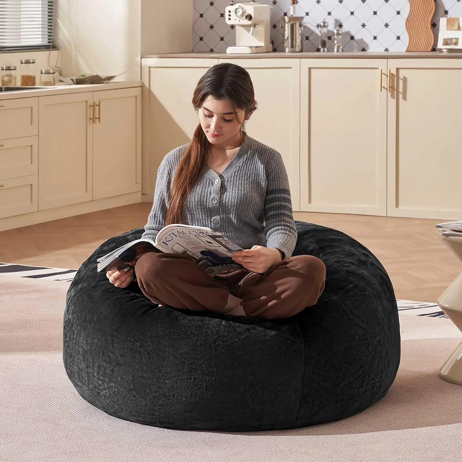 Bean Bag Chair 3Ft, Memory Foam Filled, Large Beanbag Chairs for Adults and Teens, Soft Sofa with Removable Flannel Cover, Round Couch for Living Room Bedroom College Dorm (Black, 3FT-36×36"×24")