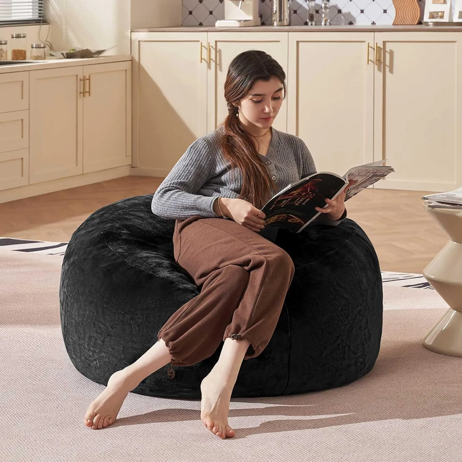 Bean Bag Chair 3Ft, Memory Foam Filled, Large Beanbag Chairs for Adults and Teens, Soft Sofa with Removable Flannel Cover, Round Couch for Living Room Bedroom College Dorm (Black, 3FT-36×36"×24")