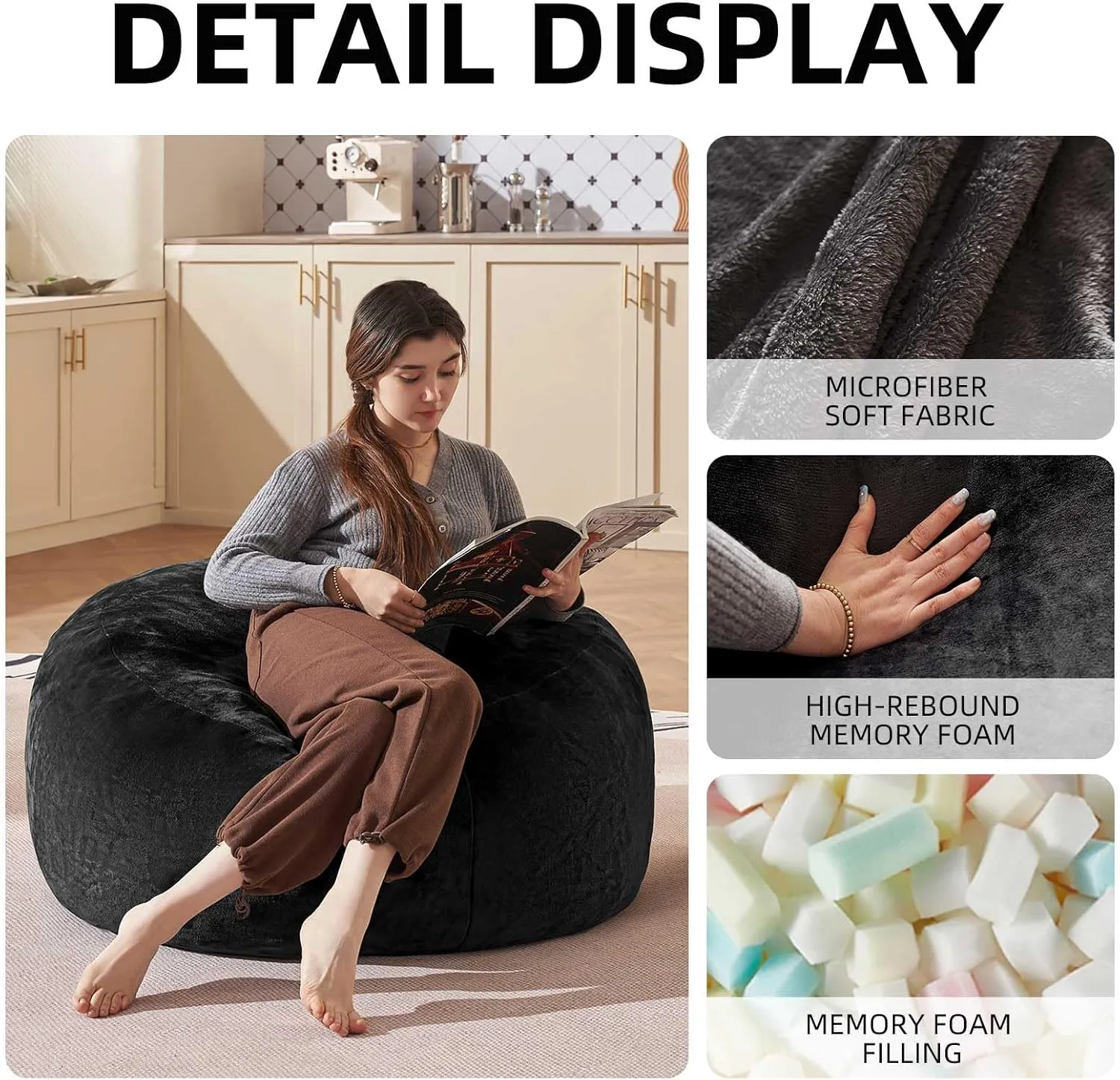 Bean Bag Chair 3Ft, Memory Foam Filled, Large Beanbag Chairs for Adults and Teens, Soft Sofa with Removable Flannel Cover, Round Couch for Living Room Bedroom College Dorm (Black, 3FT-36×36"×24")