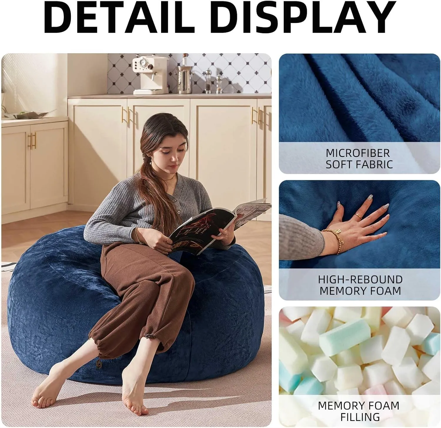 Bean Bag Chair 3Ft, Memory Foam Filled, Large Beanbag Chairs for Adults and Teens, Soft Sofa with Removable Flannel Cover, Round Couch for Living Room Bedroom College Dorm (Blue, 3FT-36×36"×24")
