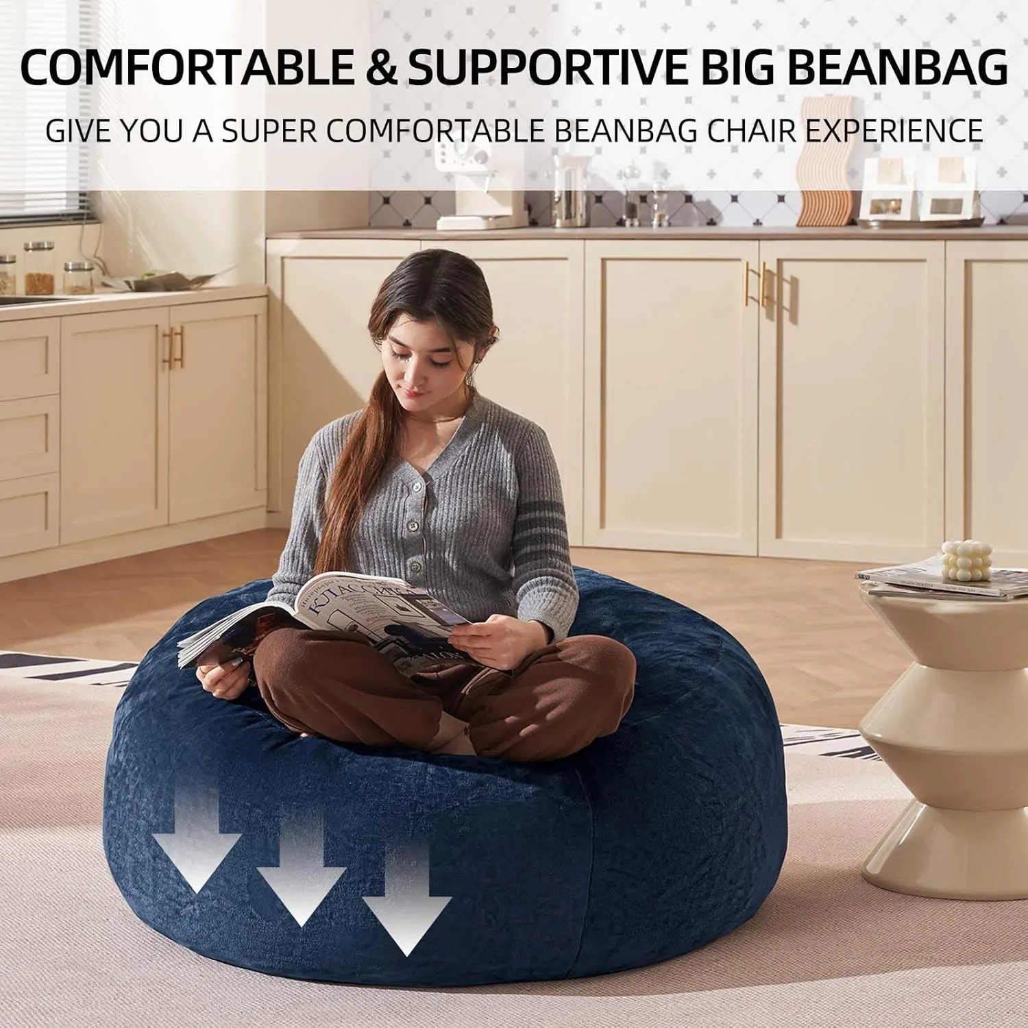 Bean Bag Chair 3Ft, Memory Foam Filled, Large Beanbag Chairs for Adults and Teens, Soft Sofa with Removable Flannel Cover, Round Couch for Living Room Bedroom College Dorm (Blue, 3FT-36×36"×24")