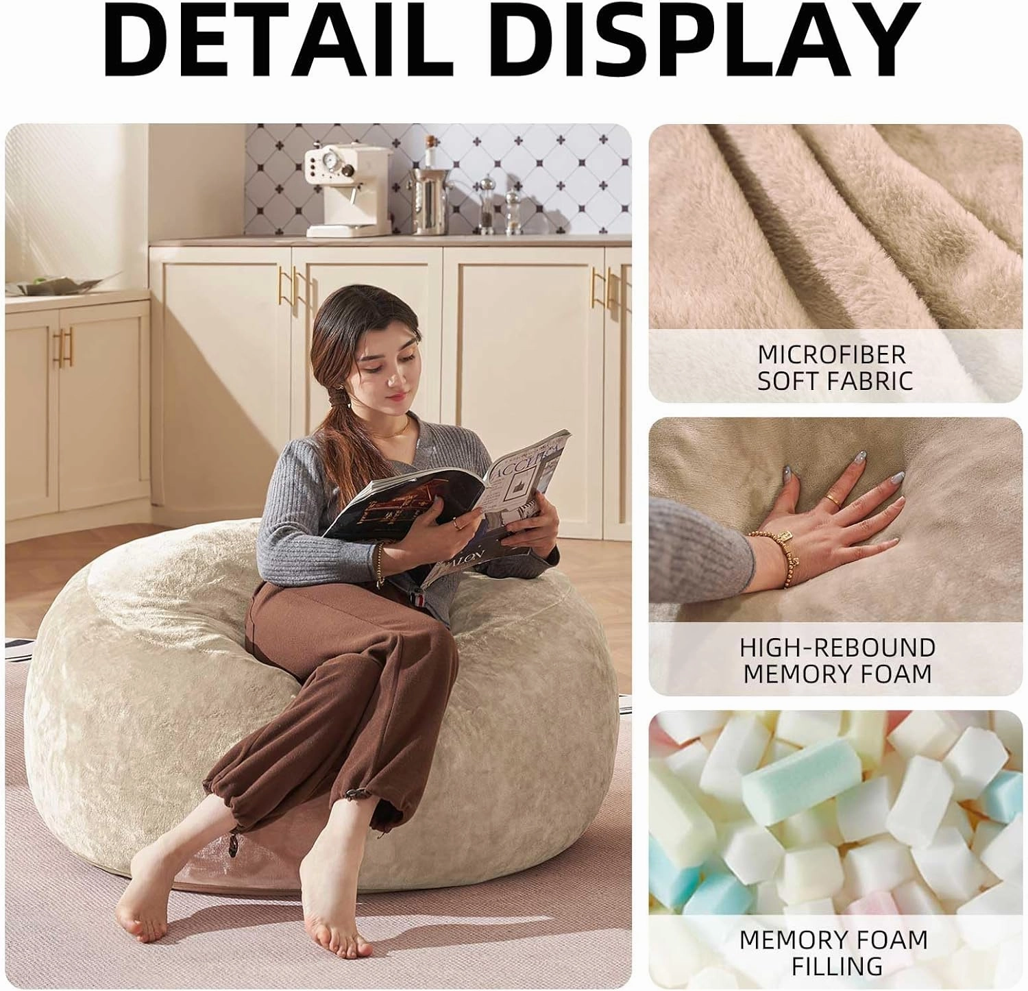 Bean Bag Chair 3Ft, Memory Foam Filled, Large Beanbag Chairs for Adults and Teens, Soft Sofa with Removable Flannel Cover, Round Couch for Living Room Bedroom College Dorm (Apricot, 3FT-36×36"×24")