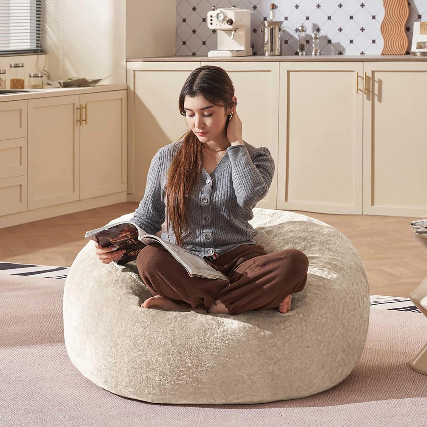 Bean Bag Chair 3Ft, Memory Foam Filled, Large Beanbag Chairs for Adults and Teens, Soft Sofa with Removable Flannel Cover, Round Couch for Living Room Bedroom College Dorm (Apricot, 3FT-36×36"×24")