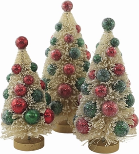Bethany Lowe Designs LC0692 White Bottle Brush Trees w/Red & Green Beads S/3