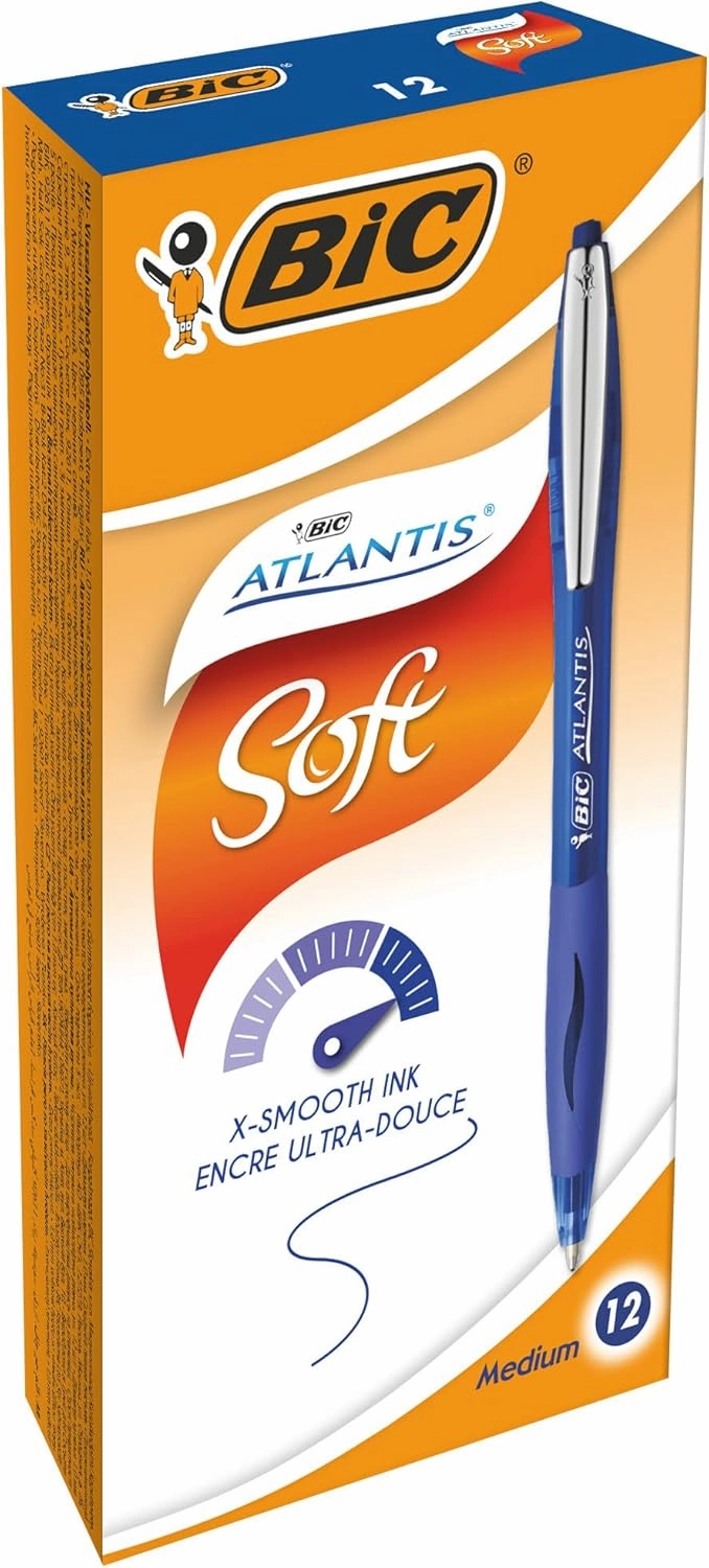 Bic 902132 Atlantis Soft Ball Pens Medium Point (1.0 mm) - Blue, Box of 12