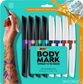 BIC BodyMark Temporary Tattoo Markers for Skin, Color Collection, Flexible Brush Tip, Assorted Colors, Skin-Safe, Cosmetic Quality (Pack of 6, 48 Count Total)