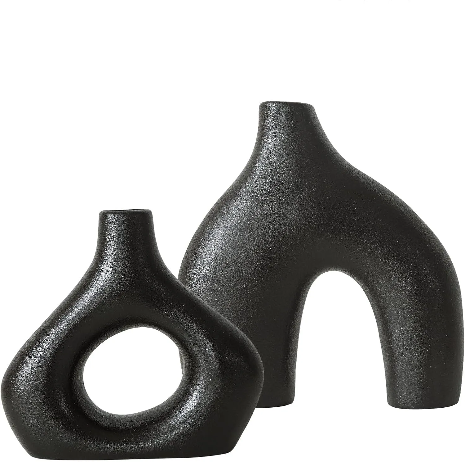 BLACK Ceramic Vase Set of 2 for Modern Home Decor, Round Matte Donut Vases for Pampas Grass, Neutral Boho Nordic Minimalism Style Flower Vases for Living Room Wedding Dinner Table Party Office Bedroom