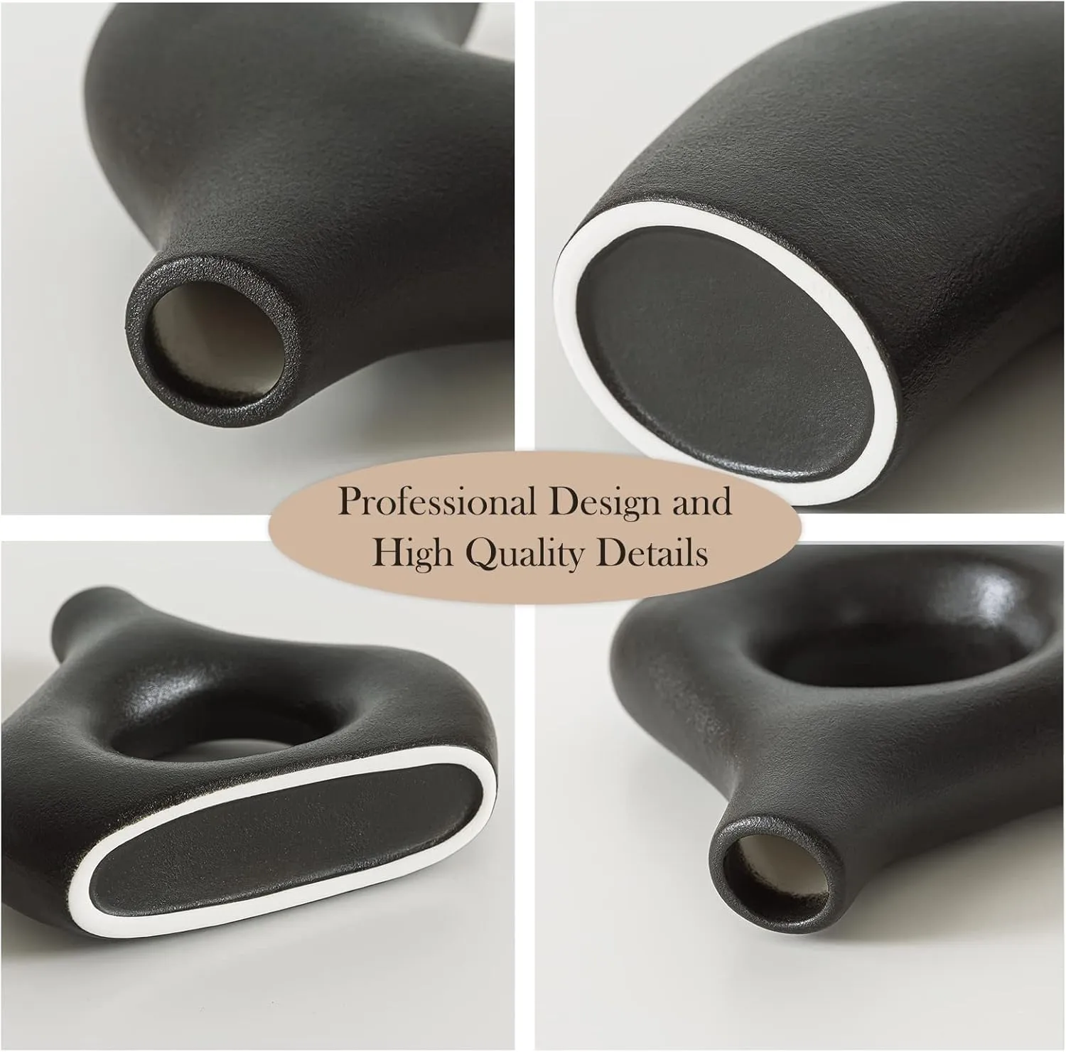 BLACK Ceramic Vase Set of 2 for Modern Home Decor, Round Matte Donut Vases for Pampas Grass, Neutral Boho Nordic Minimalism Style Flower Vases for Living Room Wedding Dinner Table Party Office Bedroom