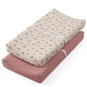 Blissful Diary Muslin Changing Pad Cover for Girls Boys, Ultra Soft Breathable Cotton, Baby Diaper Change Table Pad Covers, 2Pack (Dusty Pink&Rainbow)