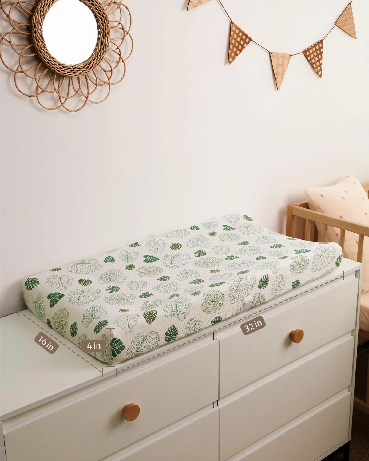 Blissful Diary Muslin Changing Pad Cover for Girls Boys, Ultra Soft Breathable Cotton, Baby Diaper Change Table Pad Covers, 2Pack (Monstera Leaves&Dark Green)