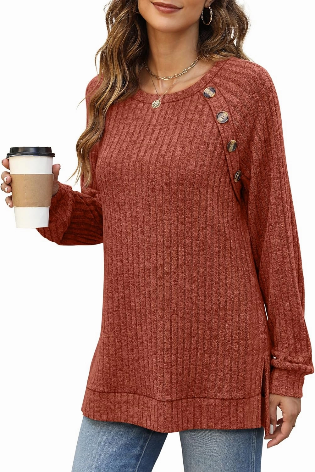 Bofell Long Sleeve Shirts for Women Lightweight Button Decor Tunic Tops Side Split