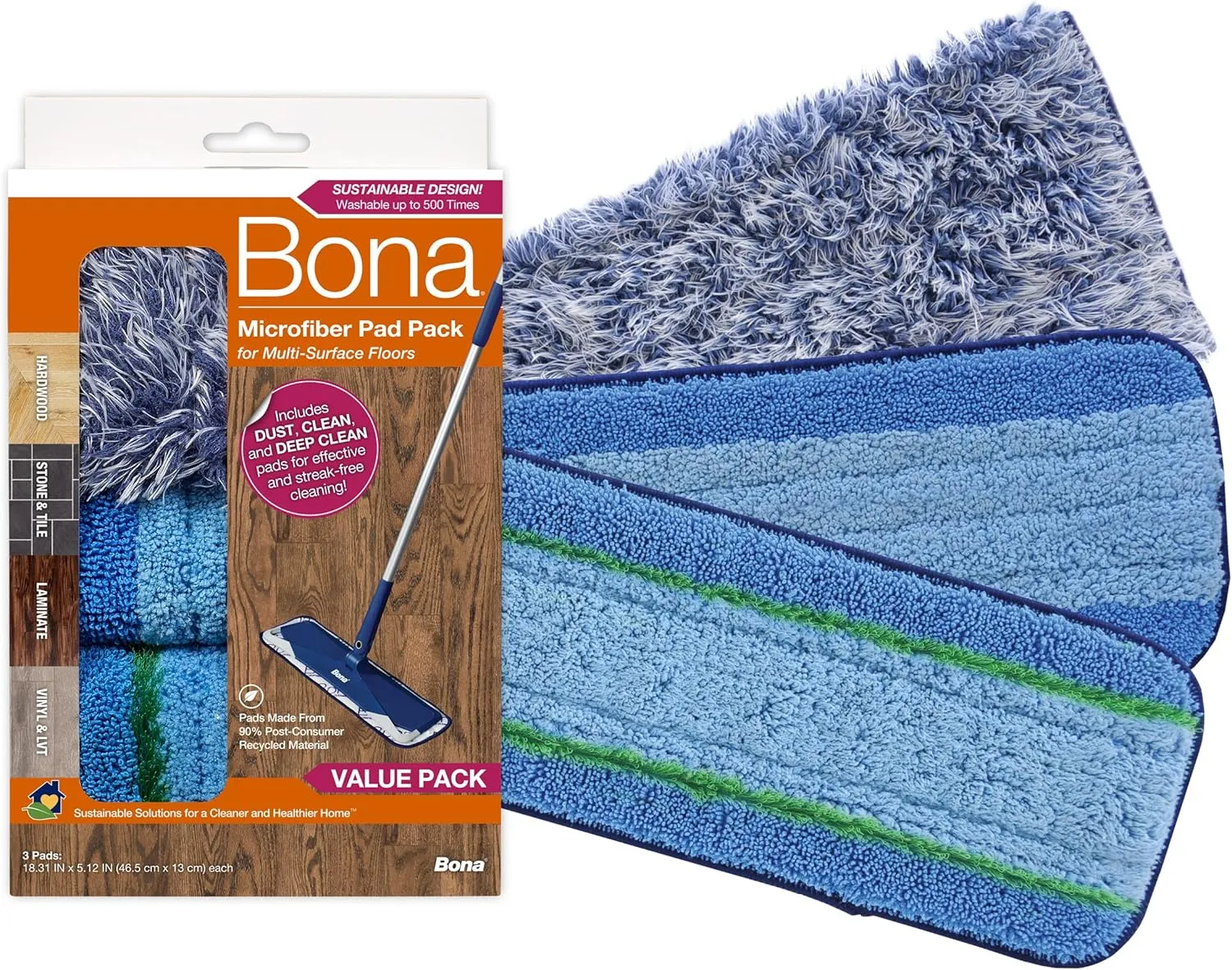 Bona Microfiber Pad 3-Pack includes Dusting, Cleaning, and Deep Cleaning Pad, for Hardwood and Multi-Surface Floors, fits Bona Family of Mops