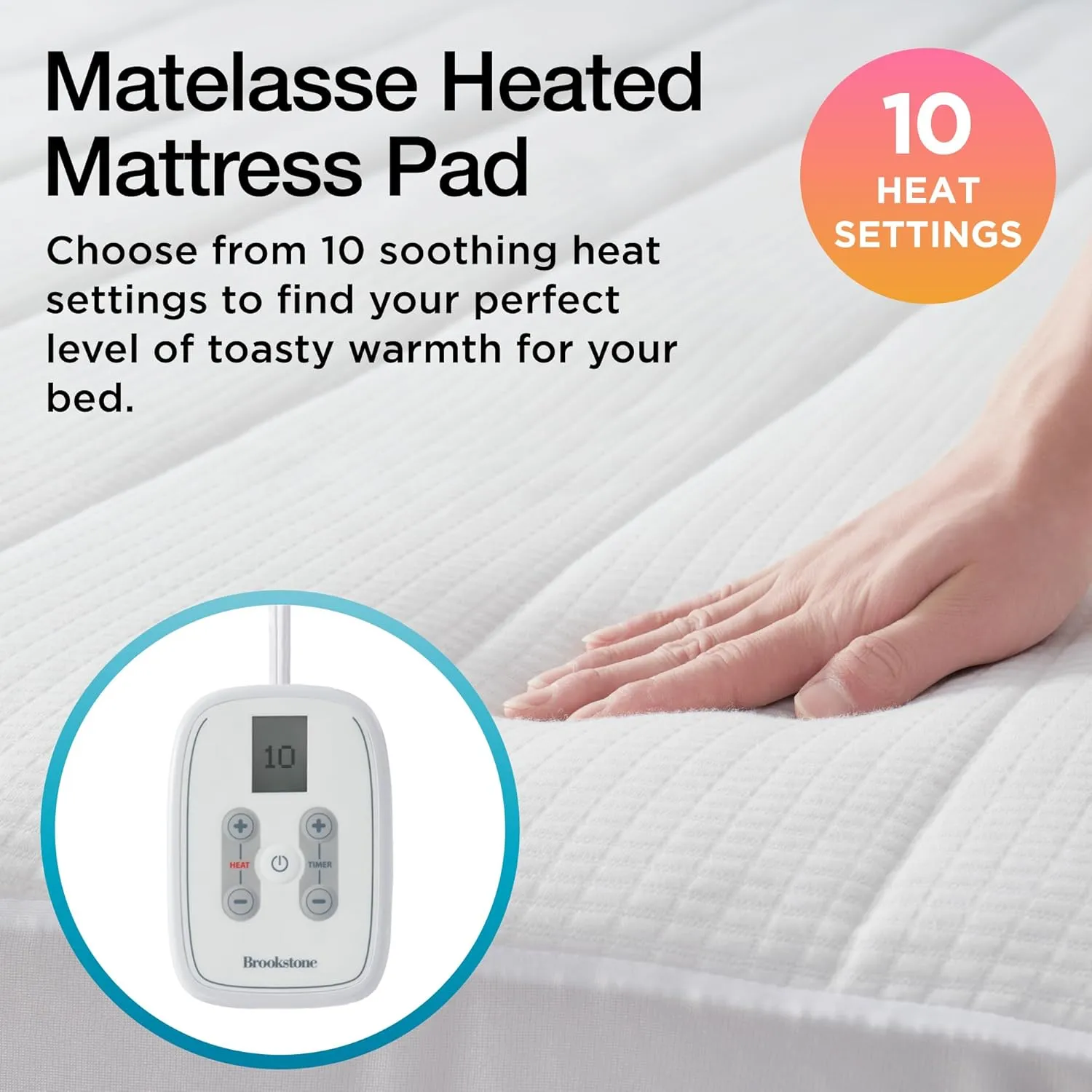 Brookstone Matelassé Knit Heated Mattress Pad – Queen Size – 10 Heat Settings, Auto Shut-Off, Machine Washable, Soft Quilted Cover – White