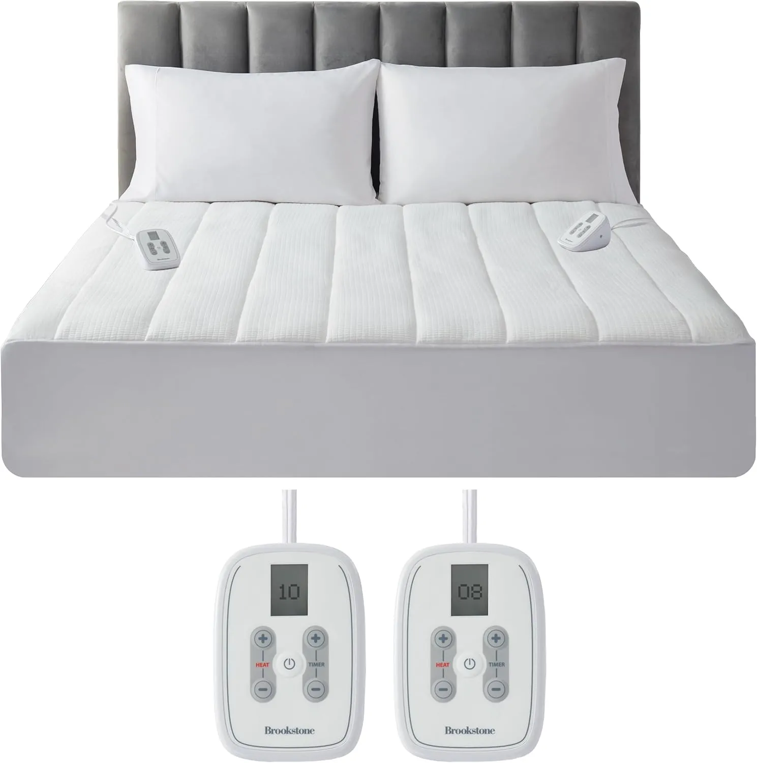 Brookstone Matelassé Knit Heated Mattress Pad – Queen Size – 10 Heat Settings, Auto Shut-Off, Machine Washable, Soft Quilted Cover – White