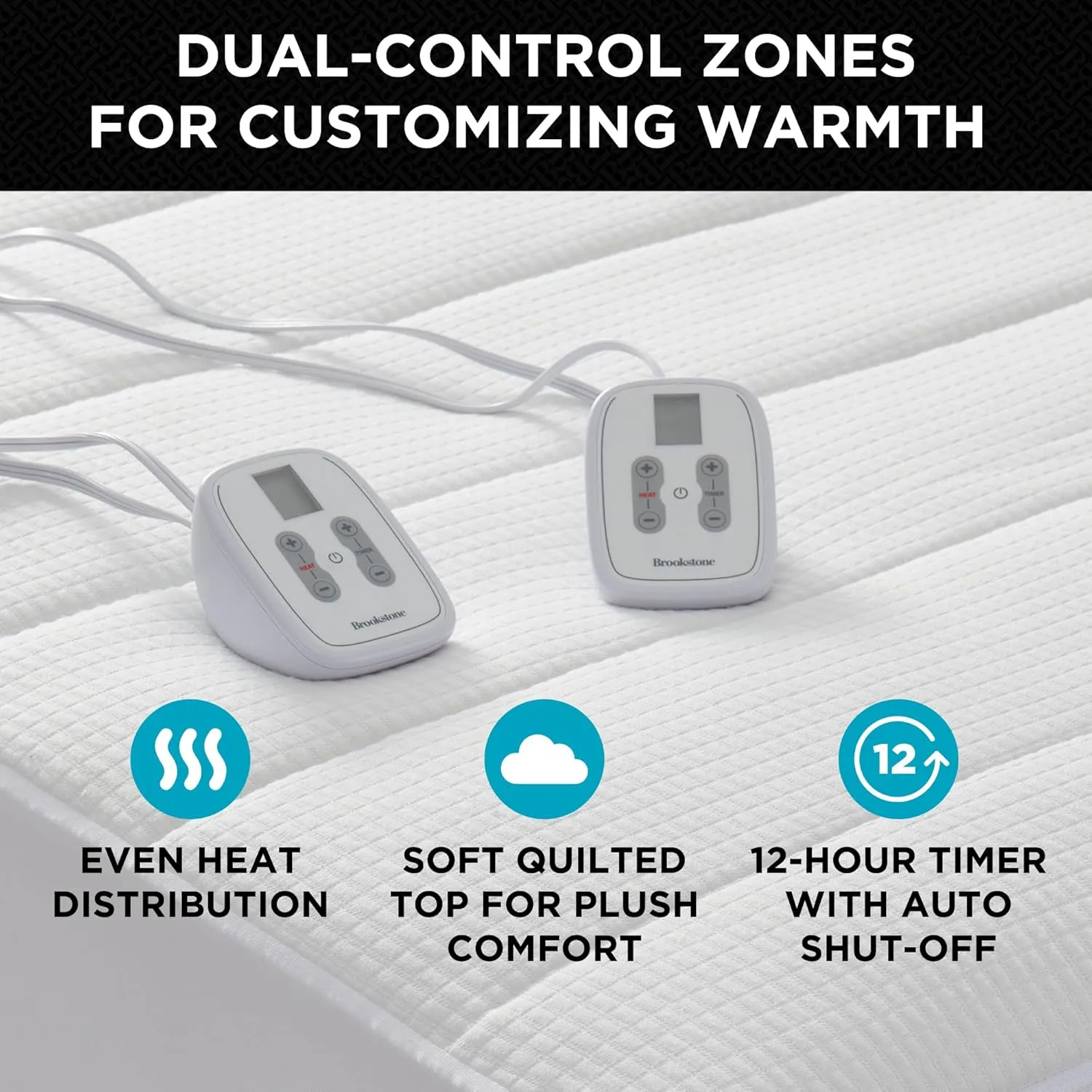 Brookstone Matelassé Knit Heated Mattress Pad – Queen Size – 10 Heat Settings, Auto Shut-Off, Machine Washable, Soft Quilted Cover – White