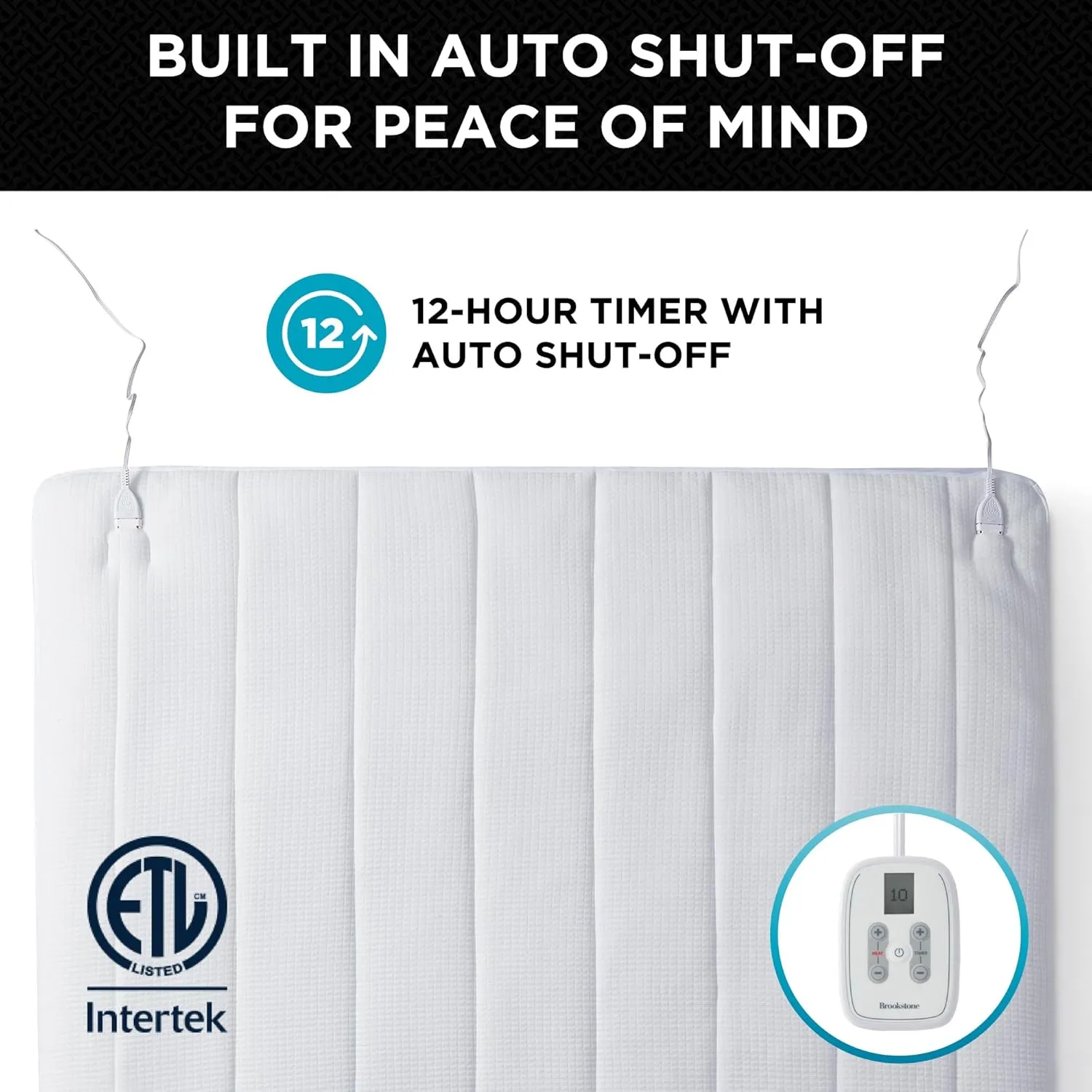 Brookstone Matelassé Knit Heated Mattress Pad – Queen Size – 10 Heat Settings, Auto Shut-Off, Machine Washable, Soft Quilted Cover – White