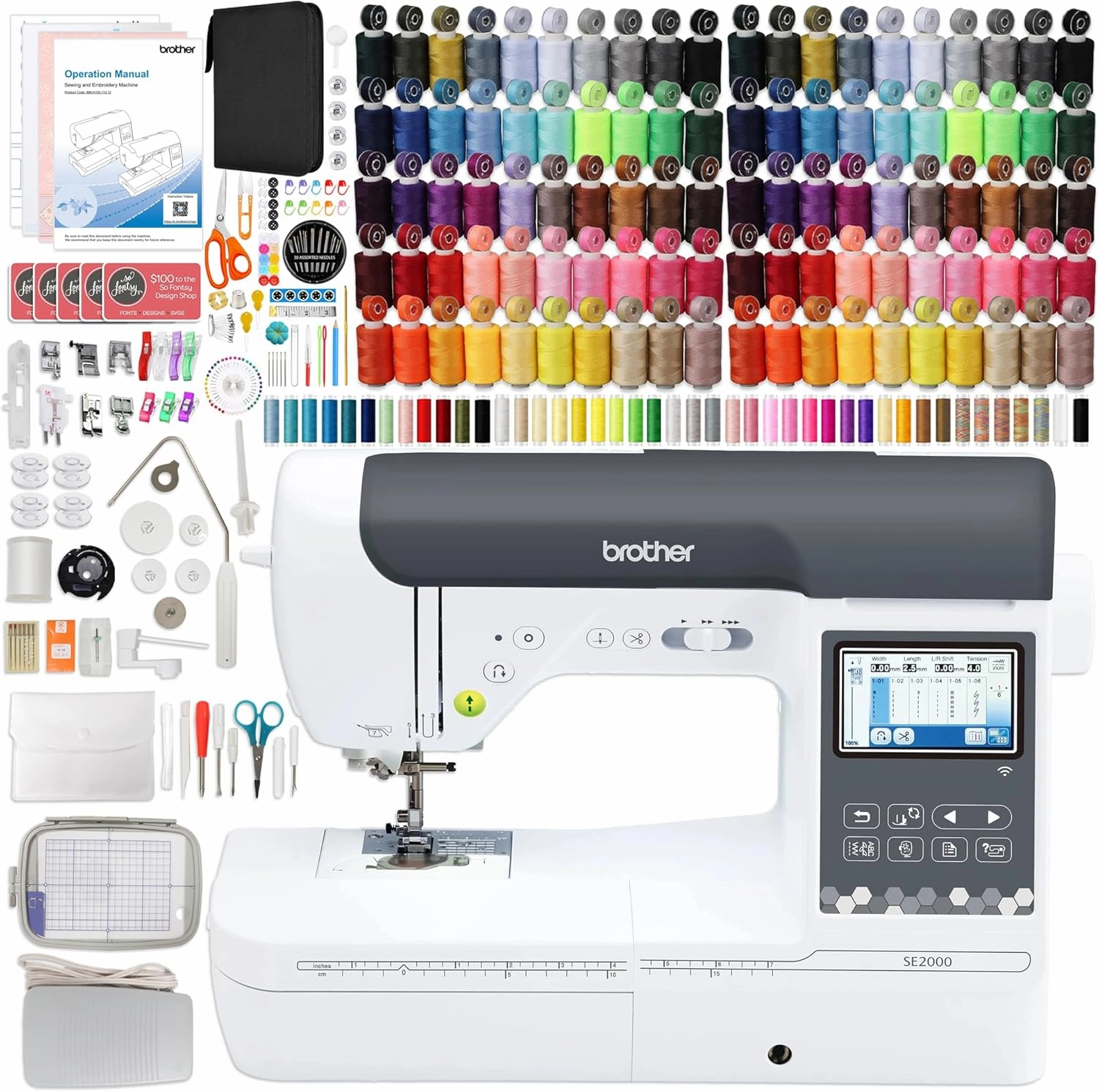 Brother SE2000 5" x 7" Combo Embroidery & Sewing Machine with 143 Sewing Spools & Accessories Bundle