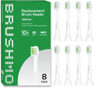 Brushmo Whitening Replacement Toothbrush Heads, Compatible with Philips Sonicare Click-on Electric Toothbrush Handles, 8 Compact Heads, Medium Firm Diamond-Shape Dupont Bristles, BM678bk, White