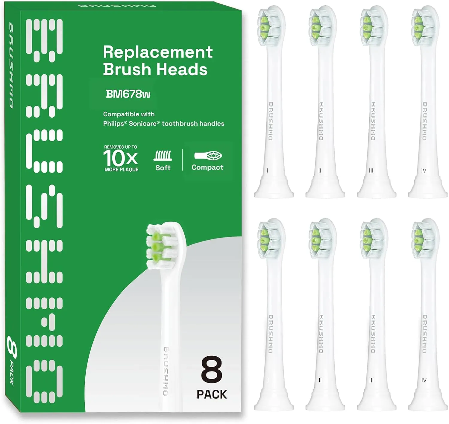 Brushmo Whitening Replacement Toothbrush Heads, Compatible with Philips Sonicare Click-on Electric Toothbrush Handles, 8 Compact Heads, Medium Firm Diamond-Shape Dupont Bristles, BM678bk, White