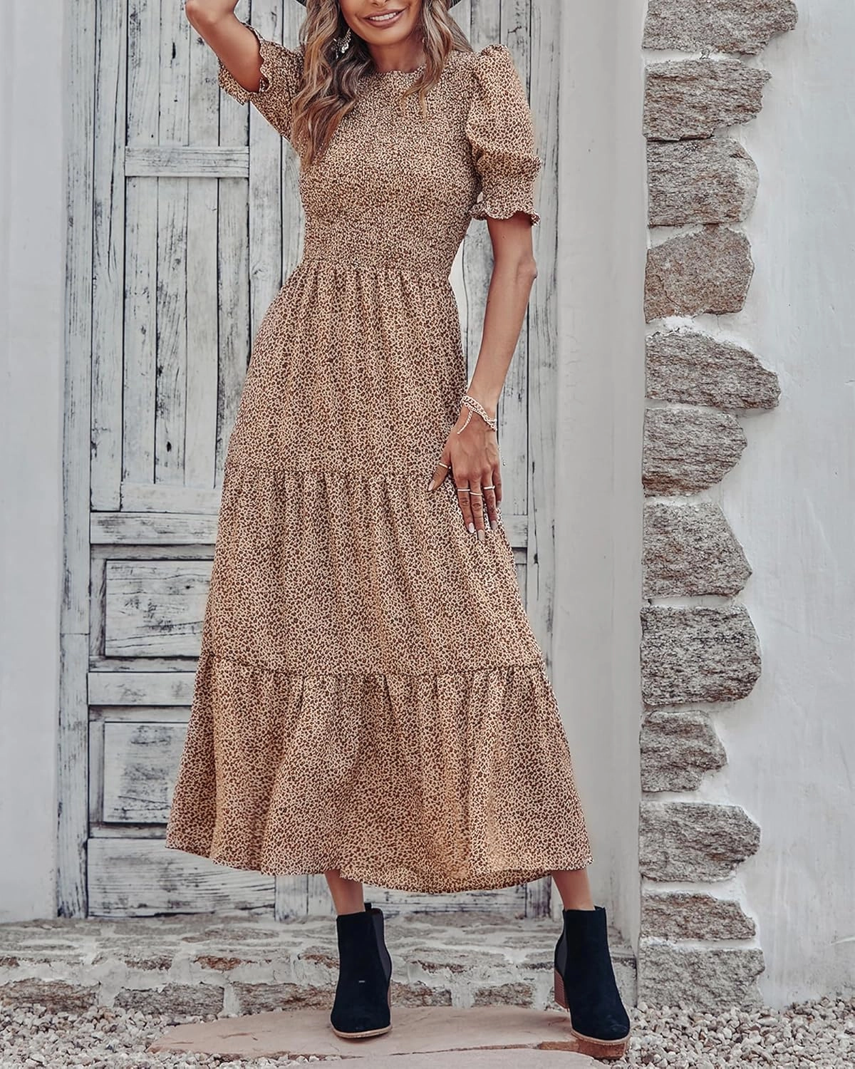 BTFBM Women Casual Summer Dresses 2025 Spring Crew Neck Ruffle Short Sleeve Floral Print Smocked Boho Flowy Maxi Dress