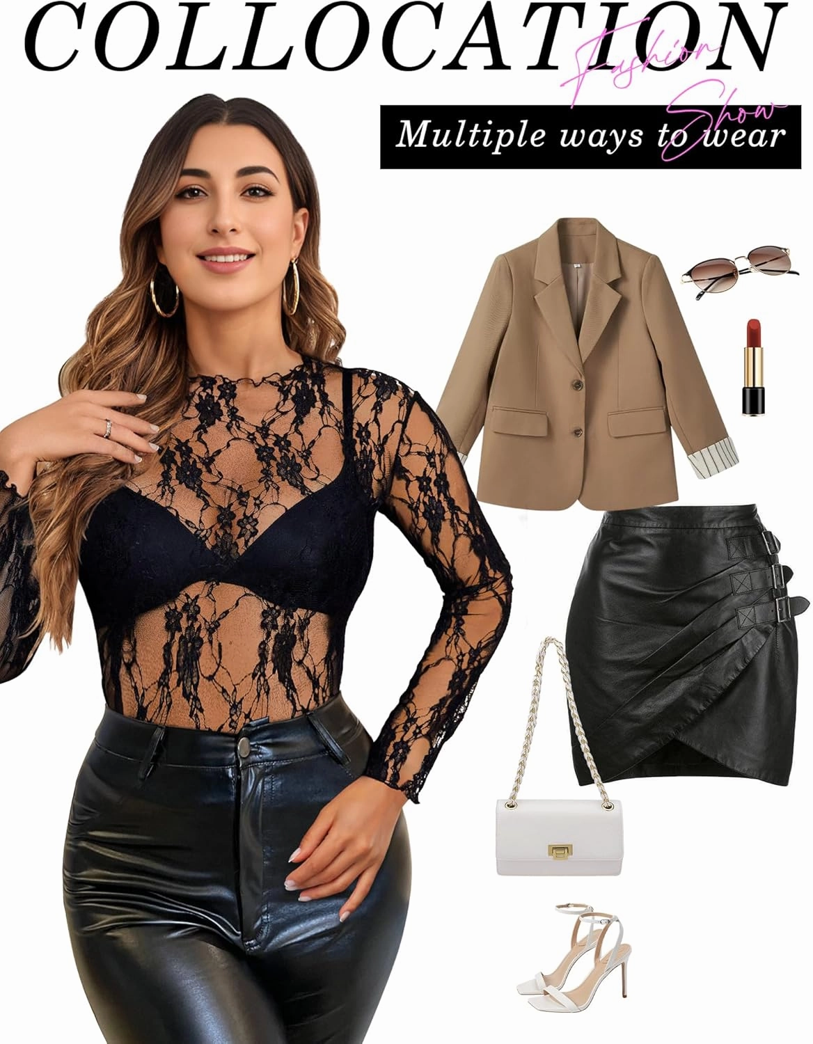 Buauty Women's Lace Long Sleeve Tops, Mock Neck Sheer Mesh Top, See Through Floral Lace Tops, Party Club Night Blouse Shirts