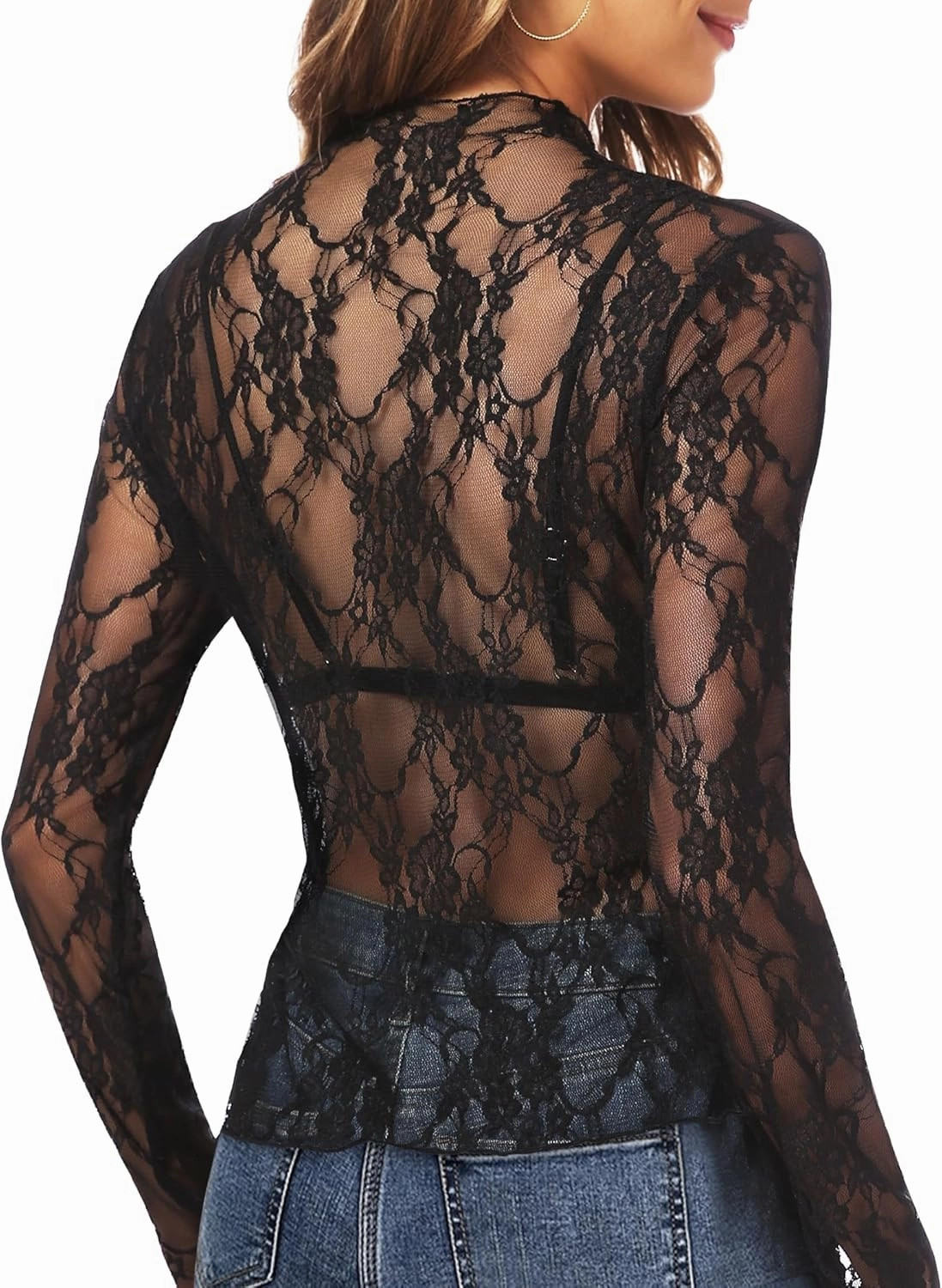 Buauty Women's Lace Long Sleeve Tops, Mock Neck Sheer Mesh Top, See Through Floral Lace Tops, Party Club Night Blouse Shirts