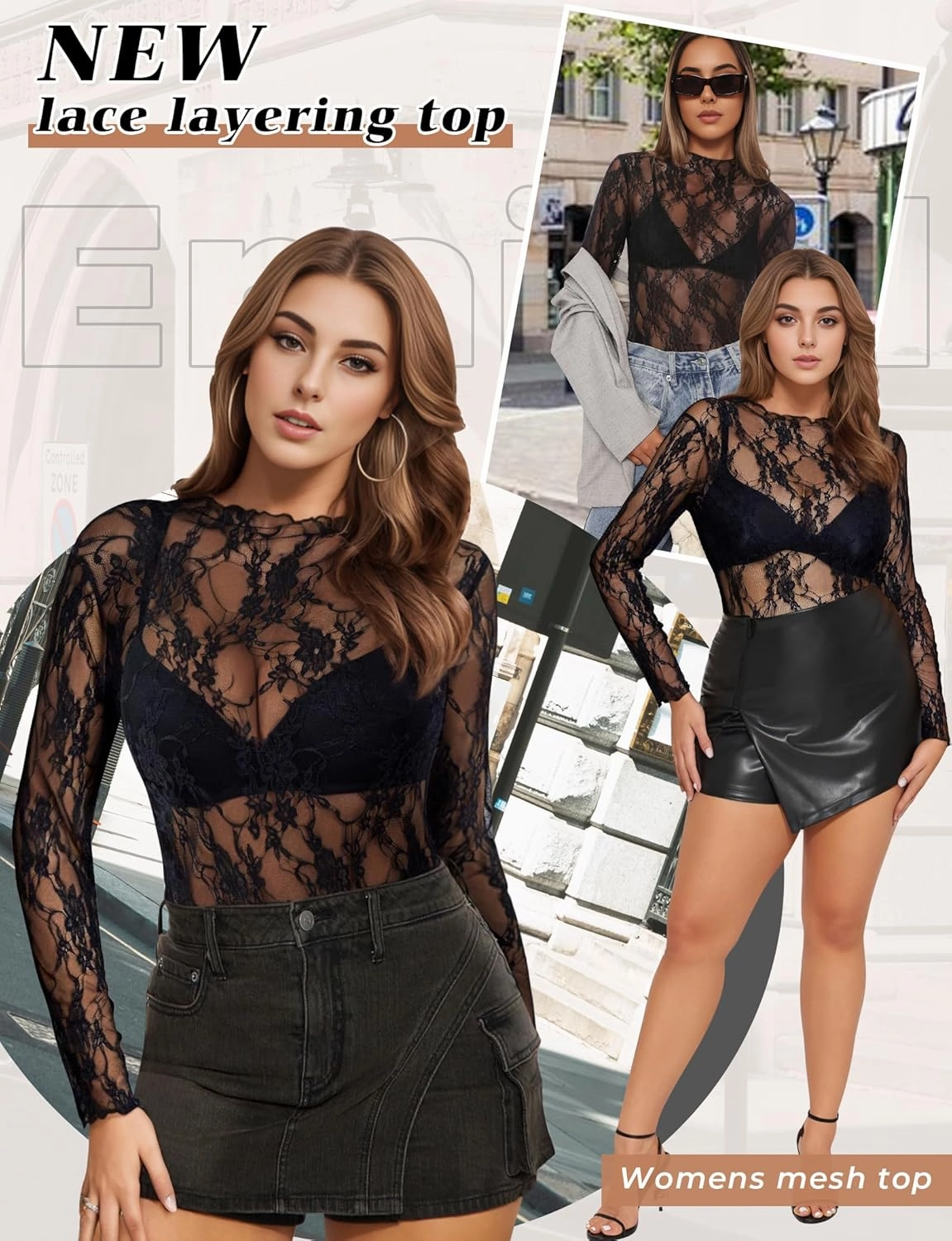Buauty Women's Lace Long Sleeve Tops, Mock Neck Sheer Mesh Top, See Through Floral Lace Tops, Party Club Night Blouse Shirts
