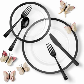 By Madee HEAVYWEIGHT 150 Pcs for 25 Guests | Clear and Black Plastic Plates and Silverware Set | Fancy Disposable Dinnerware Set | Black Plates Disposable for Party | Gift of 3D Butterflies