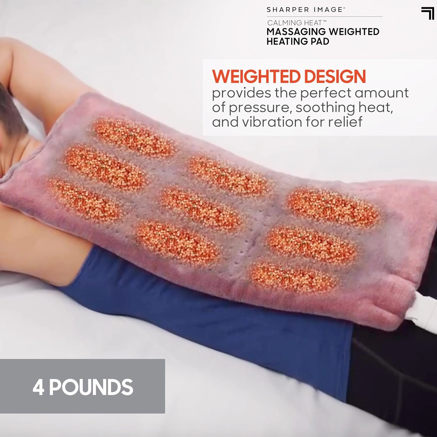 Calming Heat Massaging Weighted Heating Pad by Sharper Image- Weighted Electric Heating Pad with Massaging Vibrations, 9 Settings- 3 Heat, 6 Massage- 18 Relaxing Combinations, 12” x 24”, 4 lbs